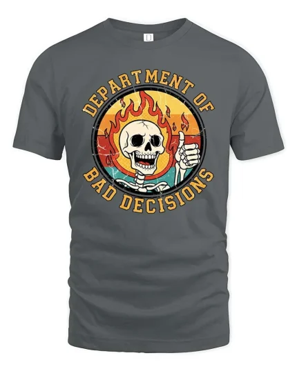 Department of Bad Decisions Funny Skeleton Graphic T-Shirt - gray t-shirt on white background