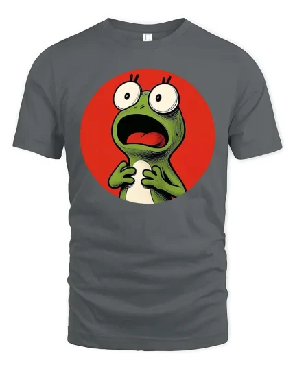 Funny Shocked Frog Cartoon Reaction Meme Graphic T-Shirt - gray t-shirt on white background