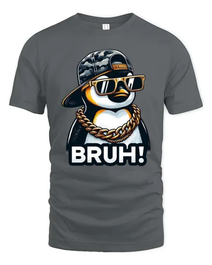 Bruh Penguin Funny Meme Hip Hop Cartoon Graphic T-Shirt - gray t-shirt on white background