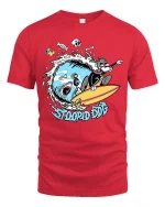 Stoopid Dog Surfing Shark Funny Surf Graphic T-Shirt - red t-shirt on white background