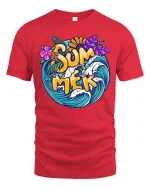 Summer Surf Wave Tropical Beach Vacation Graphic T-Shirt - red t-shirt on white background