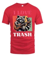 I Love Trash Funny Raccoon Guitar Retro Graphic T-Shirt - red t-shirt on white background