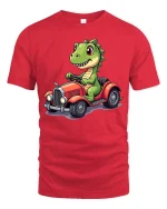 Funny Dinosaur Driving Car Cute Cartoon Dino Graphic T-Shirt - red t-shirt on white background