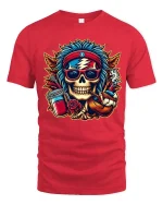 Hippie Skull Jam Band Psychedelic Music Graphic T-Shirt - red t-shirt on white background