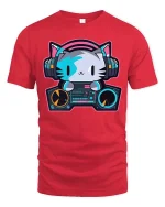 DJ Cat Headphones Music Lover Cute Cartoon Graphic T-Shirt - red t-shirt on white background