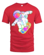 Astronaut Skateboard Neon Space Skater Graphic T-Shirt - red t-shirt on white background