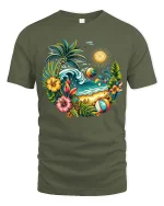 Tropical Beach Sunset Palm Tree Summer Vacation T-Shirt - military green t-shirt on white background
