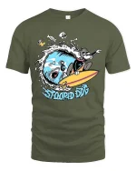 Stoopid Dog Surfing Shark Funny Surf Graphic T-Shirt - military green t-shirt on white background
