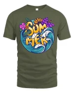 Summer Surf Wave Tropical Beach Vacation Graphic T-Shirt - military green t-shirt on white background