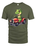 Funny Dinosaur Driving Car Cute Cartoon Dino Graphic T-Shirt - military green t-shirt on white background