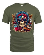 Hippie Skull Jam Band Psychedelic Music Graphic T-Shirt - military green t-shirt on white background