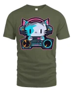 DJ Cat Headphones Music Lover Cute Cartoon Graphic T-Shirt - military green t-shirt on white background