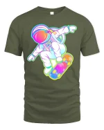 Astronaut Skateboard Neon Space Skater Graphic T-Shirt - military green t-shirt on white background
