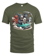 Funny Grim Reaper Ghost Demon Road Trip Graphic T-Shirt - military green t-shirt on white background