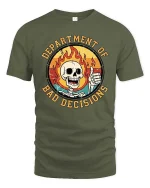 Department of Bad Decisions Funny Skeleton Graphic T-Shirt - military green t-shirt on white background