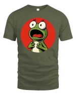 Funny Shocked Frog Cartoon Reaction Meme Graphic T-Shirt - military green t-shirt on white background