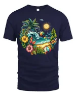 Tropical Beach Sunset Palm Tree Summer Vacation T-Shirt - navy t-shirt on white background