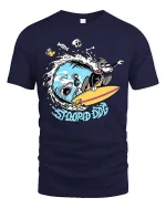 Stoopid Dog Surfing Shark Funny Surf Graphic T-Shirt - navy t-shirt on white background