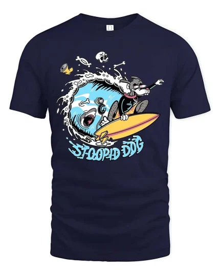Stoopid Dog Surfing Shark Funny Surf Graphic T-Shirt - navy t-shirt on white background