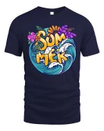 Summer Surf Wave Tropical Beach Vacation Graphic T-Shirt - navy t-shirt on white background