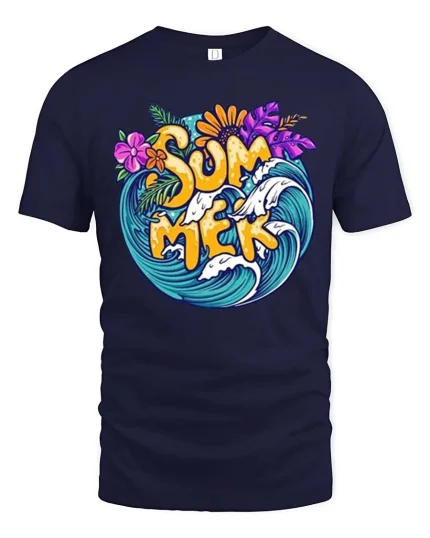 Summer Surf Wave Tropical Beach Vacation Graphic T-Shirt - navy t-shirt on white background