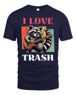 I Love Trash Funny Raccoon Guitar Retro Graphic T-Shirt - navy t-shirt on white background