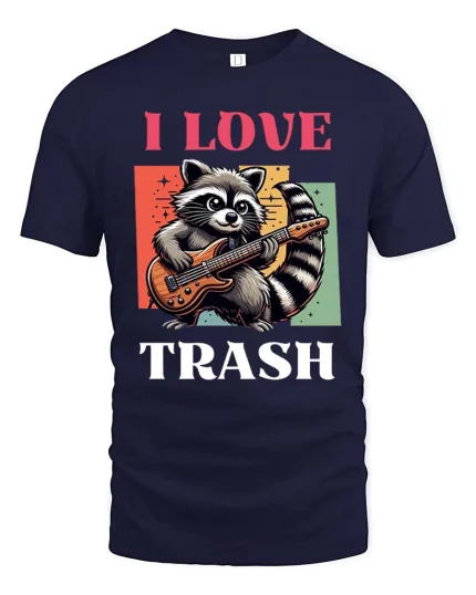 I Love Trash Funny Raccoon Guitar Retro Graphic T-Shirt - navy t-shirt on white background
