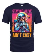 Staying Alive Ain’t Easy Funny Astronaut Skull T-Shirt - navy t-shirt on white background
