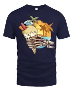 Skeleton Hand Ice Cream Summer Beach Sunset Graphic T-Shirt - navy t-shirt on white background