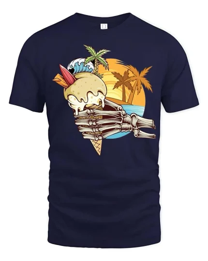 Skeleton Hand Ice Cream Summer Beach Sunset Graphic T-Shirt - navy t-shirt on white background