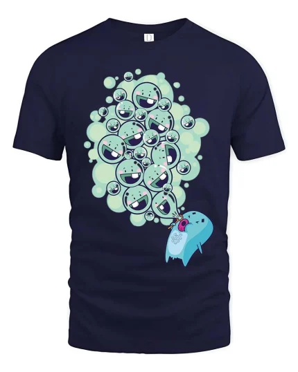 Funny Burping Monster Bubbles Cartoon Graphic T-Shirt - navy t-shirt on white background