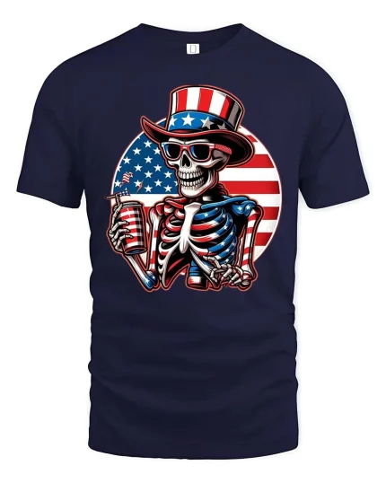 Patriotic Skeleton Uncle Sam 4th of July Graphic T-Shirt - navy t-shirt on white background