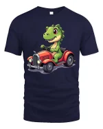 Funny Dinosaur Driving Car Cute Cartoon Dino Graphic T-Shirt - navy t-shirt on white background