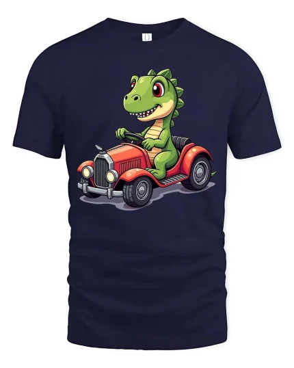 Funny Dinosaur Driving Car Cute Cartoon Dino Graphic T-Shirt - navy t-shirt on white background