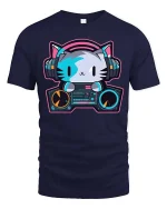 DJ Cat Headphones Music Lover Cute Cartoon Graphic T-Shirt - navy t-shirt on white background