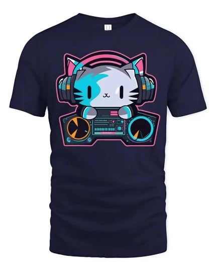 DJ Cat Headphones Music Lover Cute Cartoon Graphic T-Shirt - navy t-shirt on white background