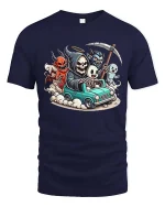 Funny Grim Reaper Ghost Demon Road Trip Graphic T-Shirt - navy t-shirt on white background
