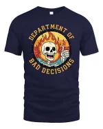 Department of Bad Decisions Funny Skeleton Graphic T-Shirt - navy t-shirt on white background