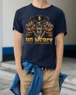 No Mercy Gangster Bear Skull Streetwear Graphic T-Shirt - model wearing navy tee with hands in pockets