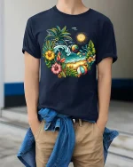 Tropical Beach Sunset Palm Tree Summer Vacation T-Shirt - model wearing navy tee with hands in pockets