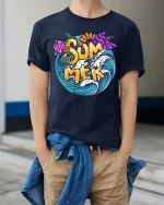 Summer Surf Wave Tropical Beach Vacation Graphic T-Shirt - model wearing navy tee with hands in pockets