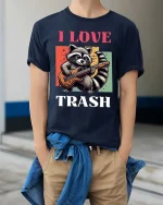 I Love Trash Funny Raccoon Guitar Retro Graphic T-Shirt - model wearing navy tee with hands in pockets