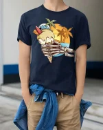 Skeleton Hand Ice Cream Summer Beach Sunset Graphic T-Shirt - model wearing navy tee with hands in pockets