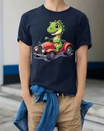 Funny Dinosaur Driving Car Cute Cartoon Dino Graphic T-Shirt - model wearing navy tee with hands in pockets