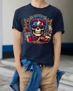Hippie Skull Jam Band Psychedelic Music Graphic T-Shirt - model wearing navy tee with hands in pockets
