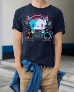 DJ Cat Headphones Music Lover Cute Cartoon Graphic T-Shirt - model wearing navy tee with hands in pockets