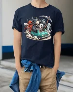 Funny Grim Reaper Ghost Demon Road Trip Graphic T-Shirt - model wearing navy tee with hands in pockets