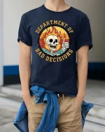 Department of Bad Decisions Funny Skeleton Graphic T-Shirt - model wearing navy tee with hands in pockets