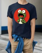 Funny Shocked Frog Cartoon Reaction Meme Graphic T-Shirt - model wearing navy tee with hands in pockets