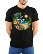 Tropical Beach Sunset Palm Tree Summer Vacation T-Shirt - model wearing black tee with hands behind back